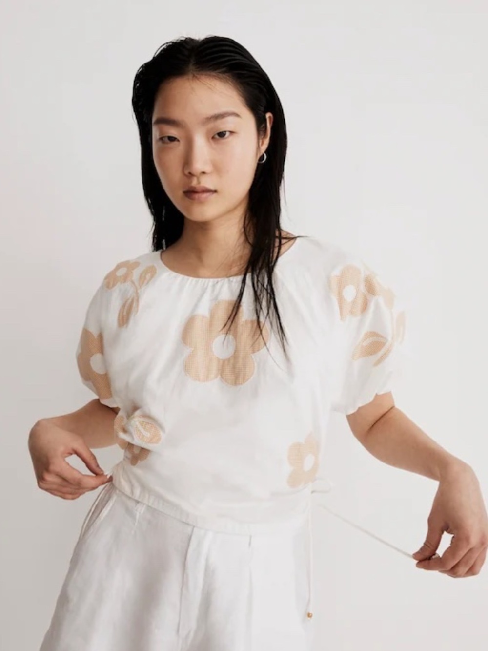 NWOT Madewell Embroidered Poplin Puff-Sleeve Cutout Crop Top